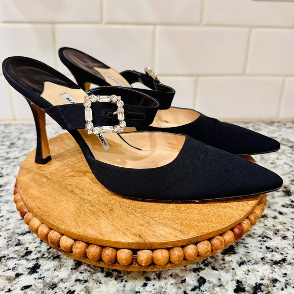 Manolo Blahnik Shoes - Manolo Blahnik Black Heels with Crystal Buckle